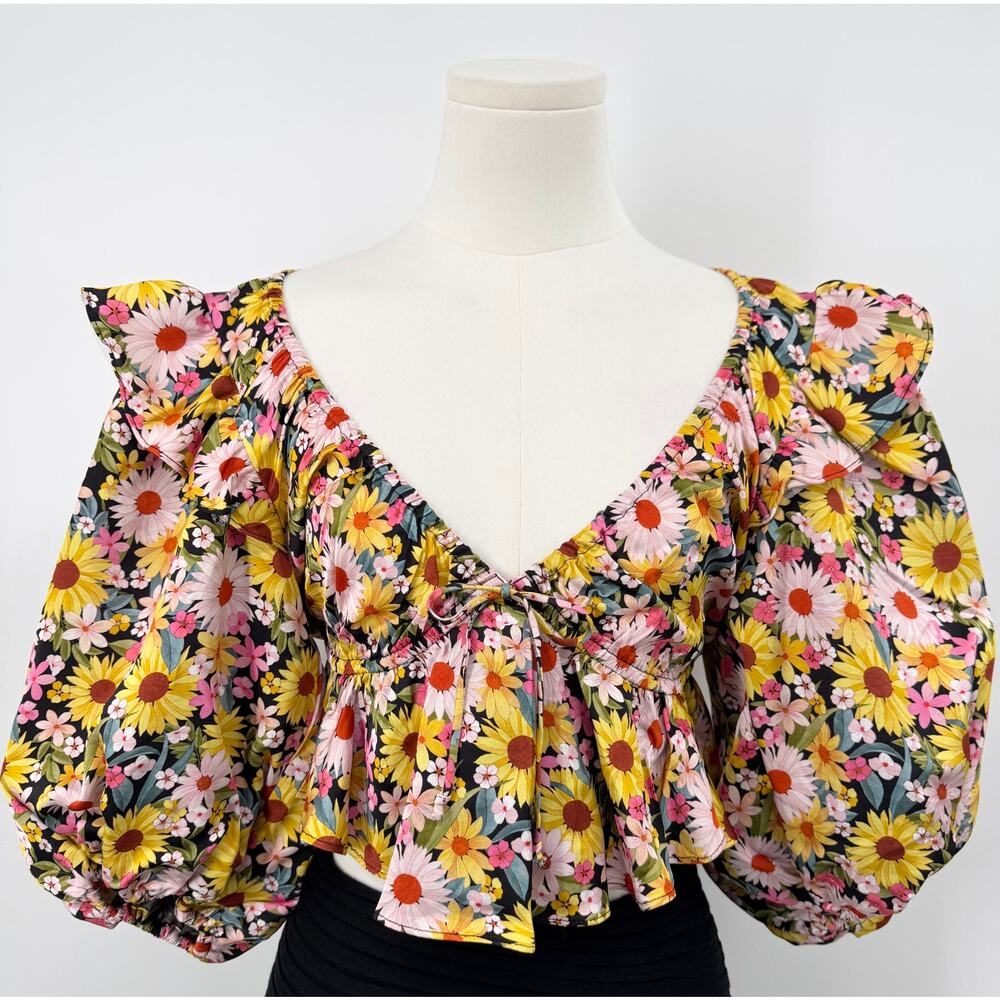 For Love & Lemons Yellow Floral Puff Sleeve Top Ruffle Crop Blouse Daisy S NWT